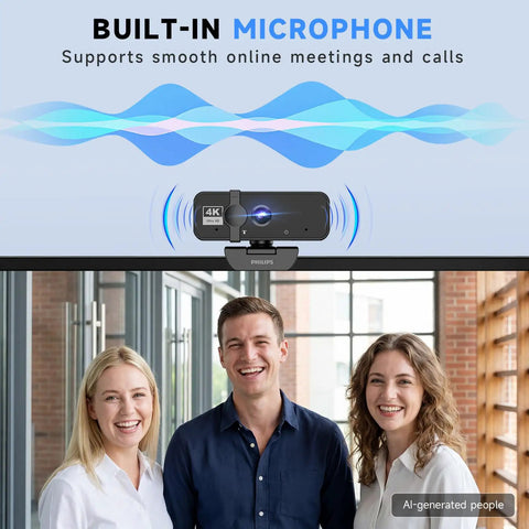 4K Webcam For PC With Built In Microphone positioned above smiling people, ideal for virtual calls and meetings.