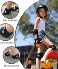 Child wears Kids Protective Gear Set Knee Pads Elbow Pads And Wrist Guards For Roller Skating Cycling BMX Bike Skateboarding Black Small