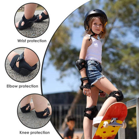 Child wears Kids Protective Gear Set Knee Pads Elbow Pads And Wrist Guards For Roller Skating Cycling BMX Bike Skateboarding Black Small