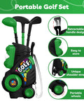 Kid Tested Retractable Toddler Golf Clubs Set With Smooth Rounded Shafts And Jumbo Safety Balls Perfect For Little Swingers Ages One To Four Top Shelf Green Play Gear portable golf set with three clubs and rolling cart.