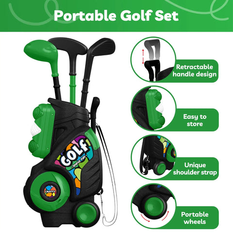 Kid Tested Retractable Toddler Golf Clubs Set With Smooth Rounded Shafts And Jumbo Safety Balls Perfect For Little Swingers Ages One To Four Top Shelf Green Play Gear portable golf set with three clubs and rolling cart.