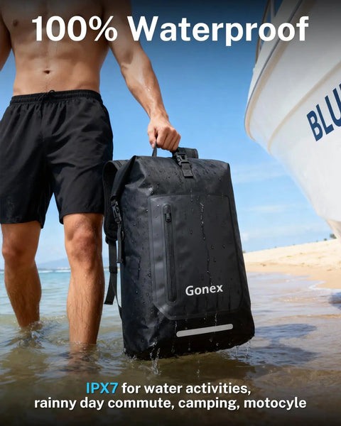 Man holding Ultralight Waterproof TPU Backpack 35L Roll Top Dry Bag With Padded Back Panel For Kayaking, Boating, Camping, Fishing, Travel, And Everyday Adventure, Black, in shallow water