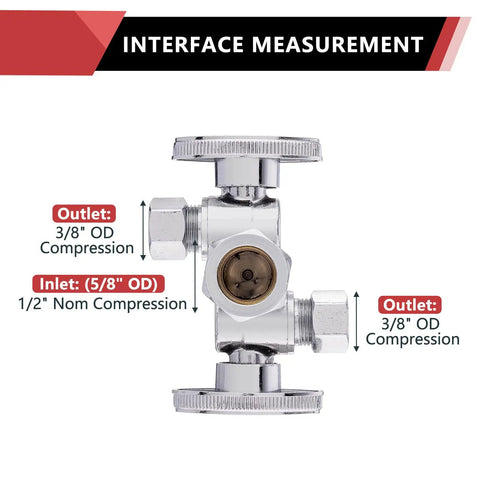 Pack Of 5 1/4 Turn Dual Compression Angle Stop Valves with Two Shutoff Handles, 1/2 In Nom Inlet to 3/8 In Outlet, Chrome Plated Brass