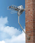 Beefy Outdoor Antenna Mount Pole With Extension Arm for Weather Station and More installed on brick wall, aluminum alloy, rustproof, weatherproof.