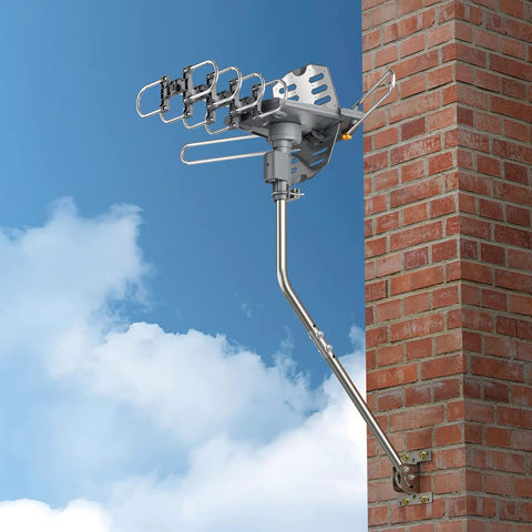 Beefy Outdoor Antenna Mount Pole With Extension Arm for Weather Station and More installed on brick wall, aluminum alloy, rustproof, weatherproof.