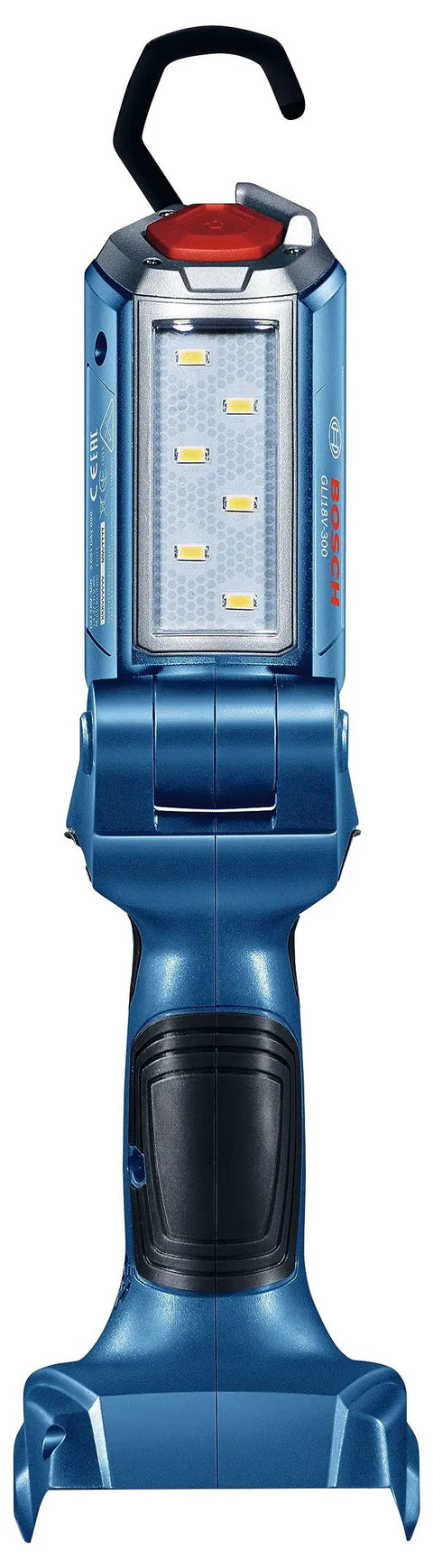 18V Articulating LED Work Light Bare Tool with Six LEDs, 300 Lumens, lightweight design, front view with hanging hook