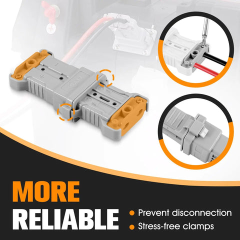 IP68 Waterproof 50 Amp Battery Quick Connect and Disconnect Kit for 6 to 8 Gauge Jumper Cables Beefed Up Heavy Duty Marine Grade Recovery Winch and Towing Systems in Grey, shown with stress-free clamps and reliable connection.