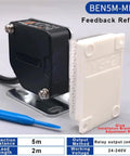 Diffuse Retro Reflective Through Beam Photo Sensor 5m 10m Built Tough Pro Grade shown with mounting hardware and voltage details.