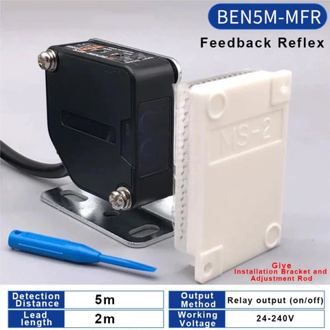 Diffuse Retro Reflective Through Beam Photo Sensor 5m 10m Built Tough Pro Grade shown with mounting hardware and voltage details.