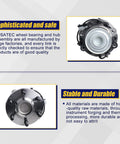 Front view of Front Wheel Bearing And Hub Assembly For 2WD And RWD Nissan Frontier 2005 To 2018, Pathfinder 2005 To 2012, Xterra 2005 To 2015, Suzuki Equator 2009 To 2012, 6 Lug Bolts, ABS Ready, 2 Pack showing features and materials.
