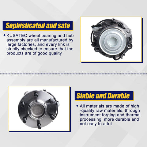 Front view of Front Wheel Bearing And Hub Assembly For 2WD And RWD Nissan Frontier 2005 To 2018, Pathfinder 2005 To 2012, Xterra 2005 To 2015, Suzuki Equator 2009 To 2012, 6 Lug Bolts, ABS Ready, 2 Pack showing features and materials.