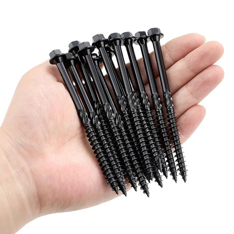 Heavy Hitter Deck Screws 14 X 4 Inch Hex Head Wood Structural Fasteners Designed To Power Through Lumber Without Breaking A Sweat And Includes Hex Socket 50 Pack In Secure Jar held in hand.