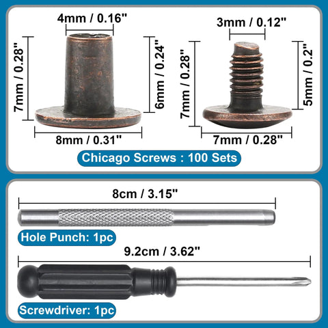 Premium Heavy Duty Chicago Binding Screws Rivet Kit No Sweat Install Copper Zinc Alloy Studs dimensions with tools for leather craft.