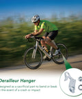 Cyclist riding a bike with a focus on Universal Bike Derailleur Hanger Frame Gear Tail Hook for Mountain Road BMX and Folding Bikes Durable Aluminum Alloy Construction Rust Resistant Built To Last No Fuss Install Secure Fit inset.