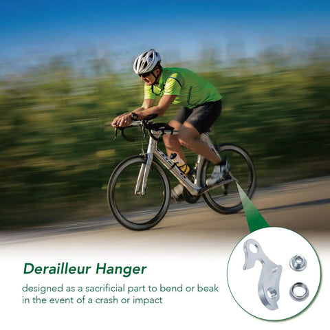 Cyclist riding a bike with a focus on Universal Bike Derailleur Hanger Frame Gear Tail Hook for Mountain Road BMX and Folding Bikes Durable Aluminum Alloy Construction Rust Resistant Built To Last No Fuss Install Secure Fit inset.