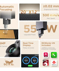 Features of 55W Desktop CO2 Laser Engraver showing automatic focusing, workspace size 20x12 inches, and specifications.