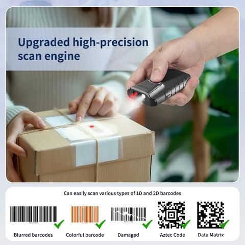 Person using 2D Bluetooth Barcode Scanner E800 Portable Gun Style 3 In 1 QR Reader With Back Clip to scan box barcode