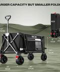 Collapsible Wagon With All Terrain Wheels Heavy Duty Foldable Utility Wagon 330 Lb Capacity Side Pockets For Camping Sports Garden Grocery Shopping Black shown in unfolded and folded positions on a plain background.