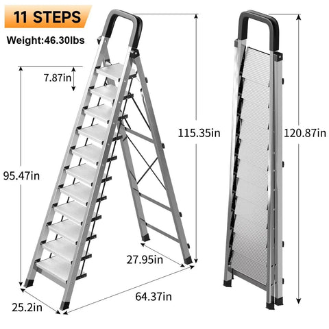 Heavy Duty Folding Step Ladder With Handrail 11 Steps Stainless Steel Anti Slip Pedals Sponge Handrail Safe Lock Design Space Saving Tall Kitchen Closet Ladder For Home And Garage Use, 11-step folding view