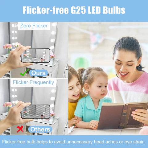 Comparing flicker-free G25 LED Globe Light Bulbs 60W Equivalent 5000K Daylight E26 Base with others in a makeup mirror