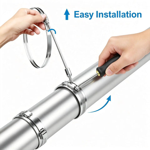 Rock Solid Six Pack Of 12 Inch Stainless Steel Hose Clamps That Are Heavy Duty And Perfect For Fixing Large Dryer Vents Or Intercoolers While Handling Automotive Plumbing Repairs With Total Ease on metal pipe