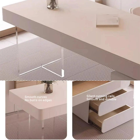 Cream L Shaped Desk With Plenty Of Storage Drawers And Smooth Rolling Wheels Floating Clear Acrylic Legs, top view with smooth edges and modern design.