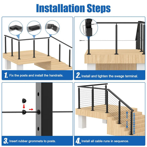 Installation steps for Level Up Your Home Game With This Solid 15 To 20 Ft Cable Railing Post Kit showing fixing posts and fitting cables.