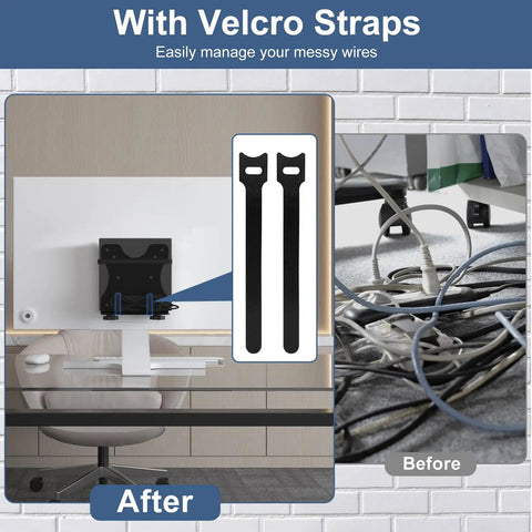Adjustable Mini PC Mount Bracket showing wire management with Velcro straps, enhancing workspace organization, secure for NUC and Mac Mini.