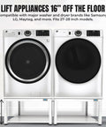 Washer And Dryer Pedestal 29 Inch Wide 16 Inch High White Steel Universal Fit Laundry Stand with Drain Pan and Hose