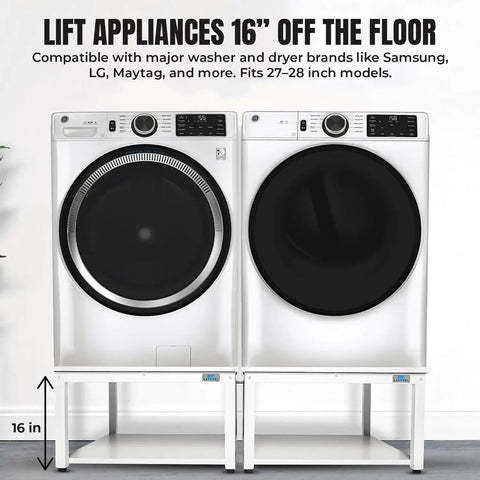 Washer And Dryer Pedestal 29 Inch Wide 16 Inch High White Steel Universal Fit Laundry Stand with Drain Pan and Hose