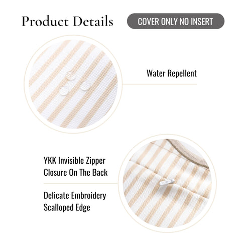 Close-up of Coastal Lumbar Pillow Cover 12x20 Inches, water-repellent, tan stripes, YKK zipper, scalloped edge design