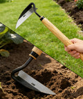 High Carbon Steel Weeding Sickle With Sharp Edge For Quick Easy Garden Weeding Hand Forged Japanese Sickle being used in soil
