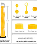 Spout Replacement Kit For Gas Cans 1/2, 5, 10 Gallon Easy Pour Nozzle Fits Most Cans Yellow HDPE 8.1 Inch Tube Includes Cap Replacement For Cars Boats Mowers Motorcycles And More; components in diagram