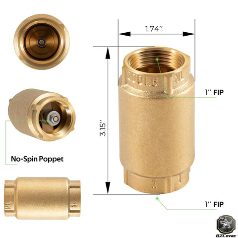 Brass 1-inch FNPT check valve with backflow preventer, CVNL100 700 Series, Amazon brand.