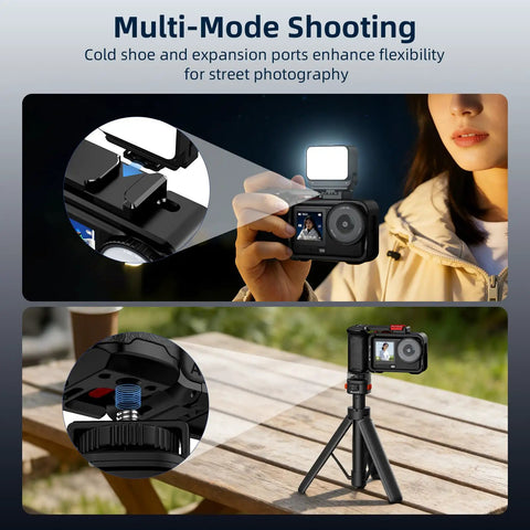 Grip Kit With Cage For DJI Action 6 And Osmo Action 6 Accessories Handheld Stabilizer Bundle with mounted camera and light.