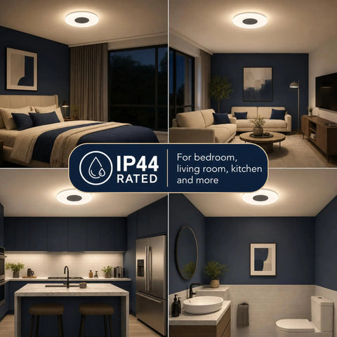 Dimmable 15 Inch LED Ceiling Light With Bluetooth Speaker, 24W, in bedroom, living room, kitchen, and bathroom settings.