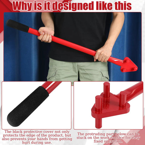 Heavy Duty Manual Rebar Bender For 5/8 Inch Bars showing red handle and protective grip for safe use in metalwork crafts.