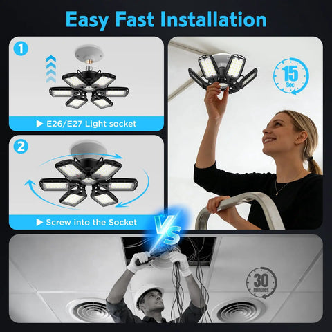 Ultra Bright LED Garage Lights 2 Pack With 6 Plus 1 Adjustable Panels, 18000 Lumens, 180W Deformable Shop Light installation