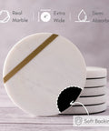 Dope White Marble Coasters Set Of 6 With Gold Brass Inlay For Luxury Aesthetic Modern Coffee Table Decor Real Natural Semi Absorbent Stone Drink Coasters Premium Quality, featuring round coasters stacked with a visible gold inlay line and soft backing.