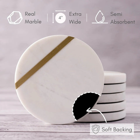 Dope White Marble Coasters Set Of 6 With Gold Brass Inlay For Luxury Aesthetic Modern Coffee Table Decor Real Natural Semi Absorbent Stone Drink Coasters Premium Quality, featuring round coasters stacked with a visible gold inlay line and soft backing.