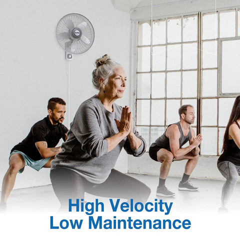 Commercial Grade 18 Inch Oscillating Wall Mount Fan With 3 Speed 120V displayed in gym with people exercising