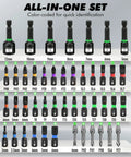 Hella Versatile 46 In 1 Magnetic Ratchet Screwdriver Kit Featuring KickAss Nut Drivers and Detachable Ergonomic Handle, showing color-coded bits.