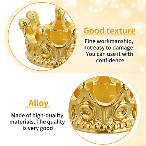 Close-up of Mini Crown Charms for Crafts 3D Gold King Crown Beads highlighting texture and alloy material for DIY projects.