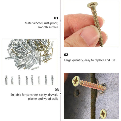 Heavy Duty Steel Hollow Wall Anchors With Screws Kit for Drywall and Plaster Walls detailed view with serrated anchors and screws