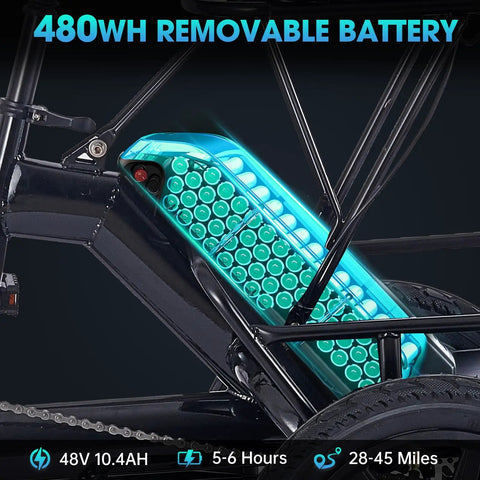 Three Wheel Electric Trike For Adults With 500W Peak Brushless Motor Foldable Ebike 480Wh Removable Battery Easy Step Through Frame Two Seats Up To 45 Miles Stable Senior Friendly Ride Gift For Parents battery close-up with 48V 10.4Ah pack