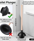Six Piece Heavy Duty Toilet Plunger Set With Holder, 18 Inch, showing black rubber cup with wooden handle for clogs.