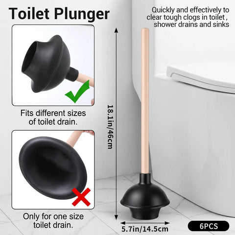 Six Piece Heavy Duty Toilet Plunger Set With Holder, 18 Inch, showing black rubber cup with wooden handle for clogs.