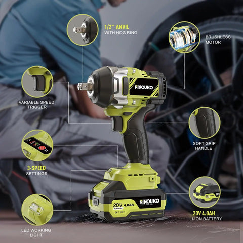 Beefy Half Inch Cordless Impact Wrench With 295 Ft Lbs Torque, Brushless Motor, 4Ah Battery and Charger Included shown with details