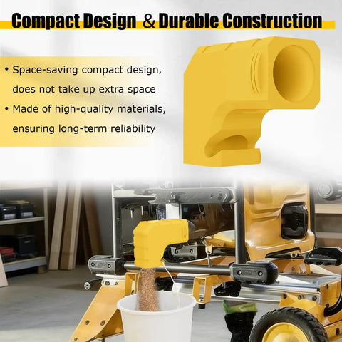 Installed Dust Port Adapter For DWE7485 Table Saw on machine, compact plastic design, fast and efficient dust collection