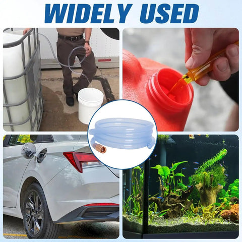 Heavy Duty Gas Siphon Hose Pump For Dead Simple Fuel And Water Transfer Featuring Half Inch Bore and Knockout Flow Speed in use for fuel transfer.